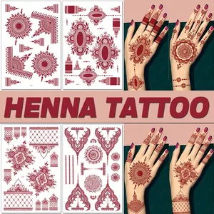 Venta al por mayor personalizado no tóxico impermeable falso marrón rojo granate temporal natural indio dedos mano completa Henna tatuaje pegatinas