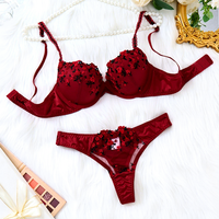 Ensemble de lingerie en dentelle pour femmes, sexy, rouge vin, satin, broderie florale, ensemble soutien-gorge et culotte pour femmes, nuit exotique, vente en gros OEM ODM