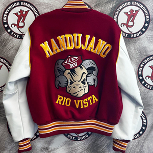 DCY <strong>Burgundy</strong> Custom Embroidery Winter Varsity <strong>Jacket</strong> with <strong>Leather</strong> Sleeves Breathable Wool Fabric Vintage Design - Product Image 2
