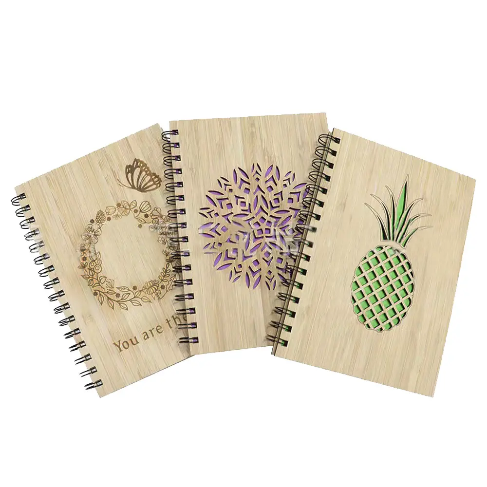 Buku catatan spiral sampul bambu kustom dengan pena bambu sebagai jurnal dengan hadiah promosi kayu mewah garter