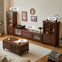 Meuble TV rétro en bois de noyer avec portes en verre cannelé ovales, console multimédia à 4 tiroirs, meuble TV surélevé de style américain