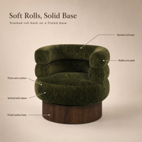 Fauteuil lounge design en chenille vert olive avec dossier en forme de baril, fauteuil d'appoint rembourré avec base en bois cannelé, siège pour salon