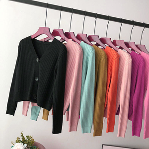 Design Vintage multicolore col en v simple boutonnage Cardigan court femme pull tricoté - Product Image 2