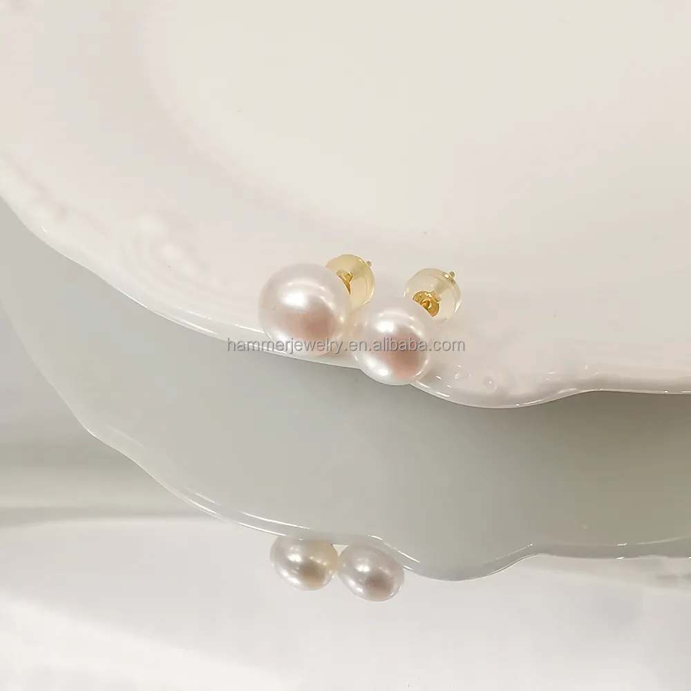 Pendientes de perlas de agua dulce de 8mm para mujer, joyería de moda, Oro Sólido de 18k, forma de botón de Color Natural