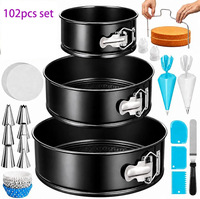Kit de décoration de gâteaux, ensemble de moules à gâteau à fond amovible en acier au carbone, 102 pièces, niveleur de gâteau, spatule à glaçage, grattoirs, douilles à pâtisserie, matériel de pâtisserie