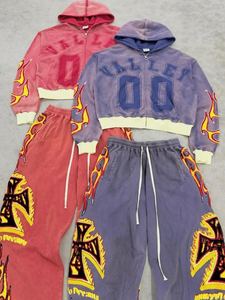 Ensemble <span class=keywords><strong>de</strong></span> survêtements pour hommes Yingling avec logo personnalisé délavé, fermeture éclair, patchwork, motif vieilli et logo imprimé vintage - Product Image 1