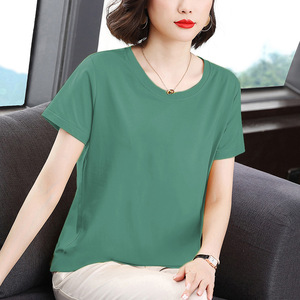 Women's Round Neck Short Sleeve T-Shirt <b>Khaki</b> Cotton Knitted Breathable Loose Fit Summer Casual <b>Top</b> - Product Image 3
