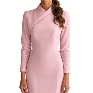 Robes longues crayon ajustées à manches longues de couleur unie pour femmes, tendance - Product Image 3