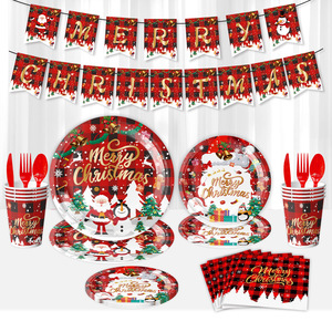 Ensemble de fournitures pour fête de Noël, 60-80 pièces, assiettes en papier, gobelets, serviettes, bannières, décorations, vaisselle de fête pour la célébration de Noël - Product Image 1
