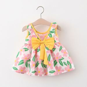 Wholesale Children's Boutique Clothing Girls Kids Cotton Sleeveless Bow Decoration Full Printing Party <b>Dress</b> - Product Image 1