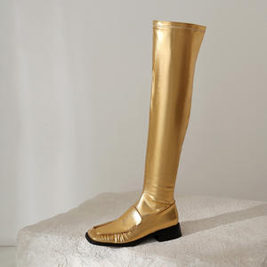 2023 nouvelle mode côté fermeture éclair passerelle doré bout carré <span class=keywords><strong>talon</strong></span> plat sur le genou bottes pour femmes - Product Image 6