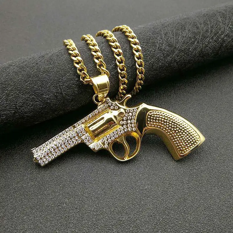 Punk Herren Custom Pistole Anhänger Hip Hop Schmuck 18 Karat vergoldet CZ Diamond Gun Anhänger kubanische Kette Anhänger Halskette