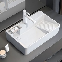 Lavabo en céramique blanc X6845 avec planche à laver intégrée, orientable gauche/droite, pour salle de bain, maison, hôtel, équipement sanitaire