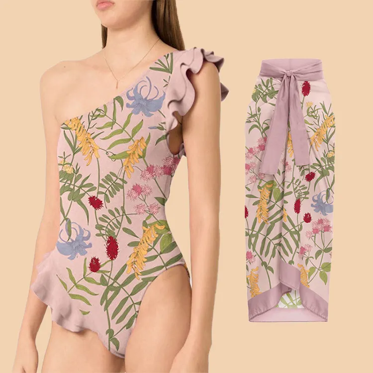 2023 New Trendy Swimwear Vintage Print Floral Monokini Bathing Suit Women One Piece Swimsuit With Matching Skirt