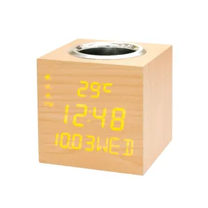 Display Calendar And Temperature Wooden Stationary Office Pen Holder Desk Digital Clock