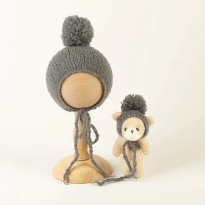 Angola bébé garçon photographie accessoires Animal chapeau jouet ensemble tricoté nouveau-né ours en peluche Bonnet tenue posant poupée Studio accessoire - Product Image 4