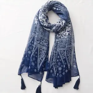 RTS Stock women fashion scarves polyester navy paisley printed scarf