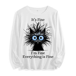 100% Cotton Long-Sleeve <b>T</b>-<b>Shirt</b> for Women 'It's Fine Black <b>Cat</b> Graphic' in Multi-Colors - Product Image 1