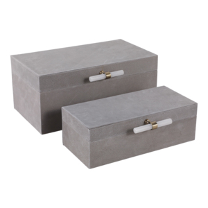Set di Due Scatole Decorative Moderne per Conservazione con Manico in Pietra e Coperchio, Organizer per Gioielli e Ricordi, Finitura in Velluto Grigio - Product Image 1