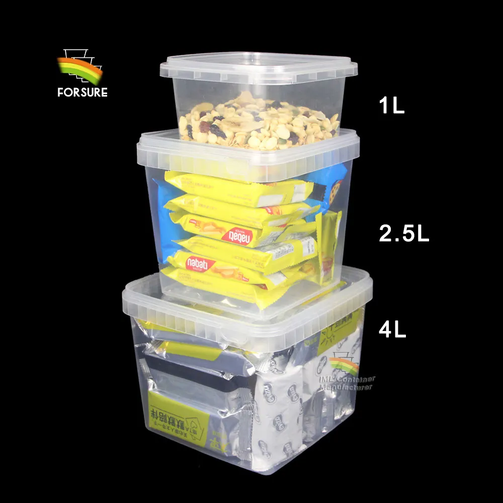 1L 2.5L 4L plastik kova gıda sınıfı temizle kare çerez ambalaj kutuları özel IML reçel kovalar PP plastik dondurma küvet