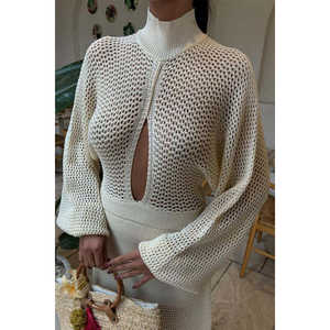 Vestido de punto calado Sobe con cuello alto, ajuste holgado, color crudo, transpirable, para uso diario informal - Product Image 4