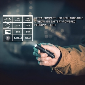 Linterna Portátil Negra AURORA, USB, 250 Lúmenes, 1150 Candela, EDC, Ultra Compacta, LED, con Batería Recargable - Product Image 2