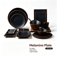 Service de vaisselle carré noir mat en mélamine avec bord brun et motif végétal, incassable, pour restaurant, compatible lave-vaisselle