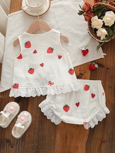 Ensemble <span class=keywords><strong>de</strong></span> vêtements d'été décontractés pour enfants en coton 100 %, comprenant un short et un haut sans manches à imprimé <span class=keywords><strong>fraise</strong></span> et dentelle, pour bébé fille - Product Image 2