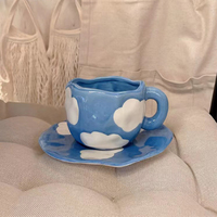Tasse à café en céramique avec poignée, motif ciel bleu nuages blancs, style danois, avec soucoupe et cuillère, motif floral, pour la rentrée scolaire, écologique