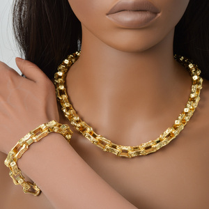unisex bulk wholesale gold plated stainless steel hollow rectangular carved wide polished <b>matching</b> necklace set <b>bracelets</b> - Product Image 2