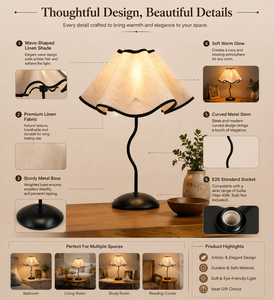 Lampada da Tavolo con Paralume in Lino Ondulato Stile Costiero, Effetto Luce Soffusa a Candela, Ideale per Comodino, Lettura a Letto, Testiera, Scrittura - Product Image 2
