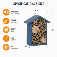 Hôtel à abeilles en bois bleu de luxe pour jardin extérieur, habitat pour pollinisateurs, maison pour abeilles masonnes avec tubes de nidification en bambou naturel et bois percé
