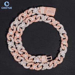 Collar de eslabones cubanos floral bicolor rosa y plateado con micro pavé de piedras redondas, joyería llamativa estilo hip hop para raperos, directo de fábrica - Product Image 1