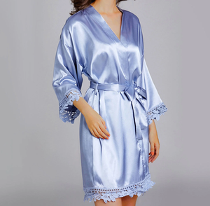 Robe de chambre en satin bleu pour femme, courte, avec dentelle, style kimono, col en V, élégante, pour soirée nuptiale, tenue de détente, chemise de nuit douce et soyeuse - Product Image 2