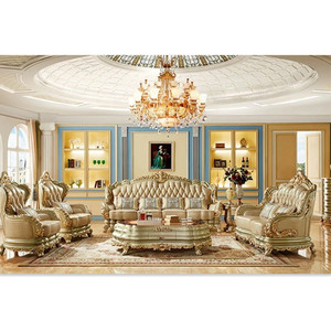 European Style Genuine Leather <b>Sofa</b> Set Solid <b>Wood</b> Carved <b>Frame</b> Tufted Back Living Room Furniture - Product Image 1