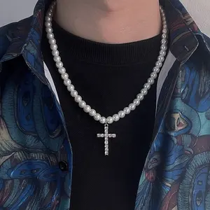 Hip hop jewelry adjustable men's cross zirconia alloy sweater chain pearl necklace men