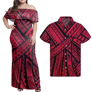 Abito da coppia classico con design tribale polinesiano, casual, da donna, con spalle scoperte e volant, stile SAMOA, <span class=keywords><strong>taglie</strong></span> <span class=keywords><strong>forti</strong></span>, lungo - Product Image 1