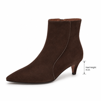 Bottines en daim marron foncé pour femmes, bout pointu, fermeture éclair intérieure, talon chaton 4 cm, fournisseur de mode OEM sous marque privée