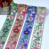 LEIXUSI 4cm Bordure en dentelle brodée ethnique, paillettes multicolores pour robe de mariée, costume Dai, accessoires DIY