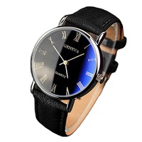 Montre à quartz pour homme Genève avec boîtier en alliage, bracelet en cuir, cadran bleu lumineux, chiffres romains et aiguilles - Style professionnel GW008