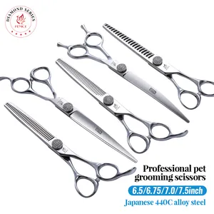 Fenice 7.5 Inch 5 In 1 Dog Grooming Scissors Set Diamond Pet Grooming Scissors JP440C 60HRC Pet Curved Scissors