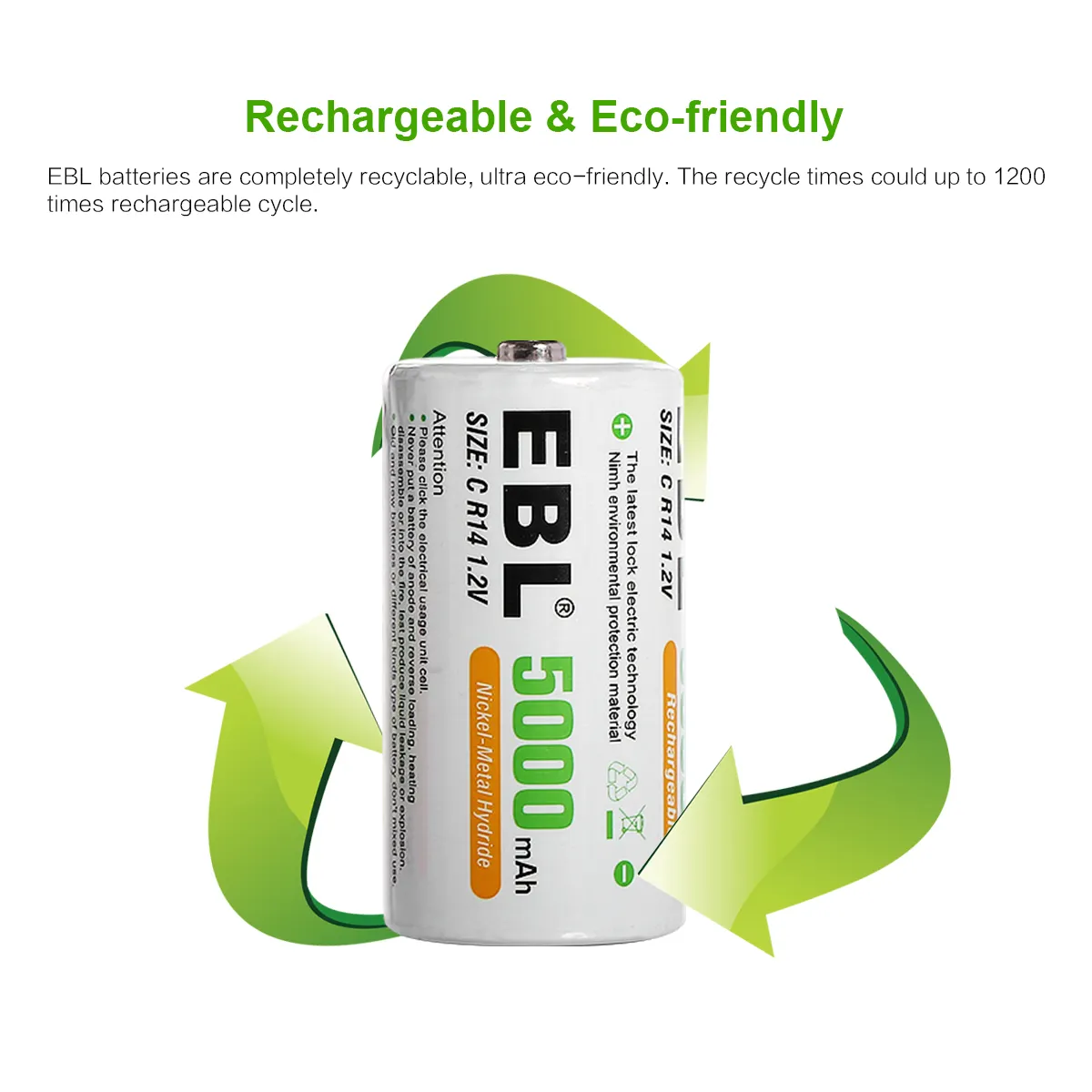 2-teilige wiederaufladbare EBL-C-Batterie vom Werkslieferanten 1,2 V 5000 mAh umweltfreundliche Ni-MH-Batterie