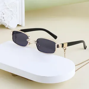 Fashion Metal Square Rim Frame UV400 Protection Shades Sun Glasses Sunglasses for Women with Chain