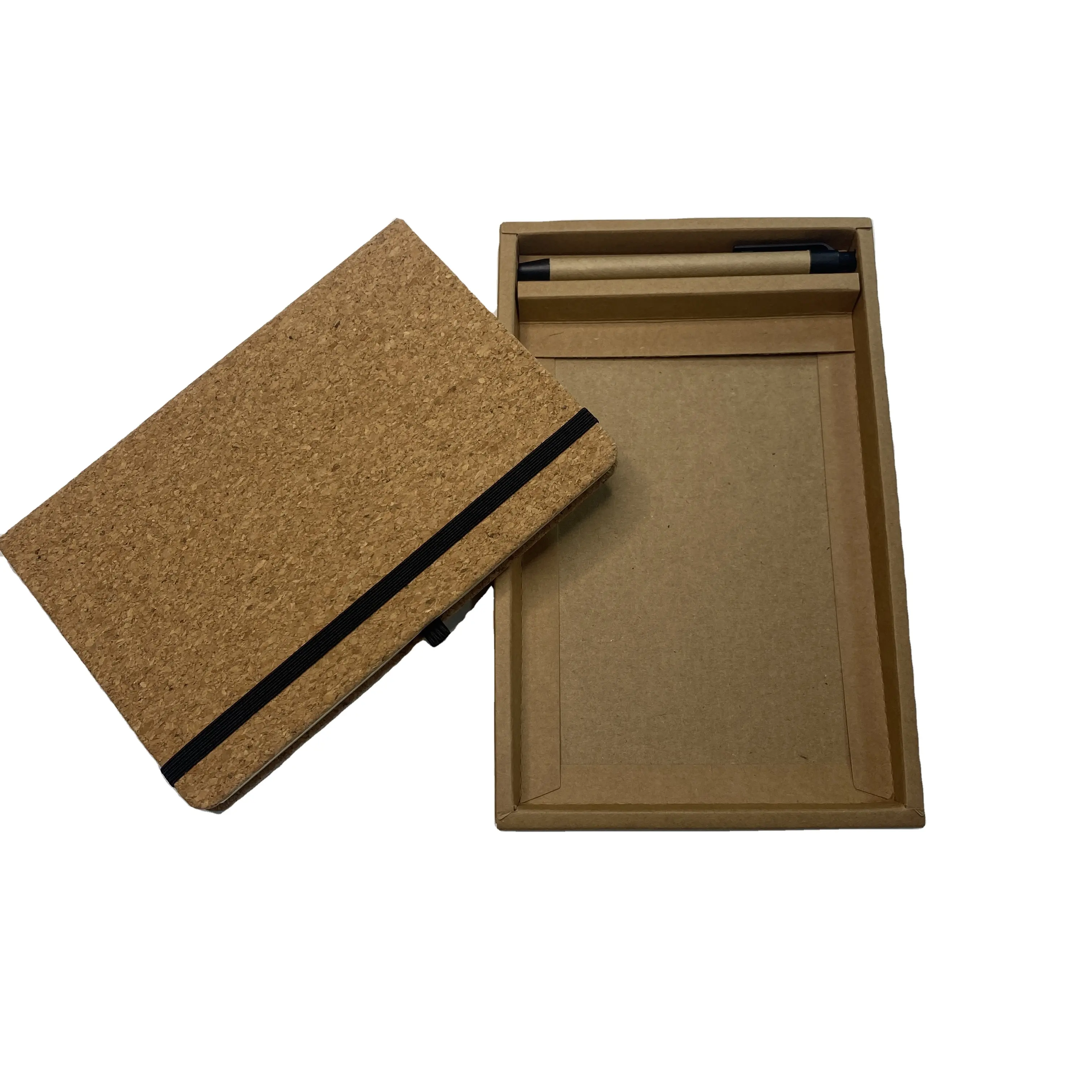 Wholesale custom Black Hardcover Cork Journal Manufacturer Diary notebook set with pen in Kraft paper gift box