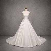 Gaun Pengantin A-Line Tanpa Tali Berhias Mutiara Kristal dan Manik-Manik pada Bagian Atas, Bahan Satin Tebal, Ukuran Besar, Gaun Pengantin Kustom Grosir Pabrik