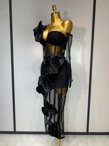 Abito Bodycon da Donna <span class=keywords><strong>con</strong></span> Fascia, Monospalla, Fiocco, Rete Trasparente, Nero, Senza Maniche, <span class=keywords><strong>con</strong></span> <span class=keywords><strong>Guanti</strong></span>, Elegante per Feste e Compleanni, <span class=keywords><strong>Vestito</strong></span> Sexy - Product Image 4