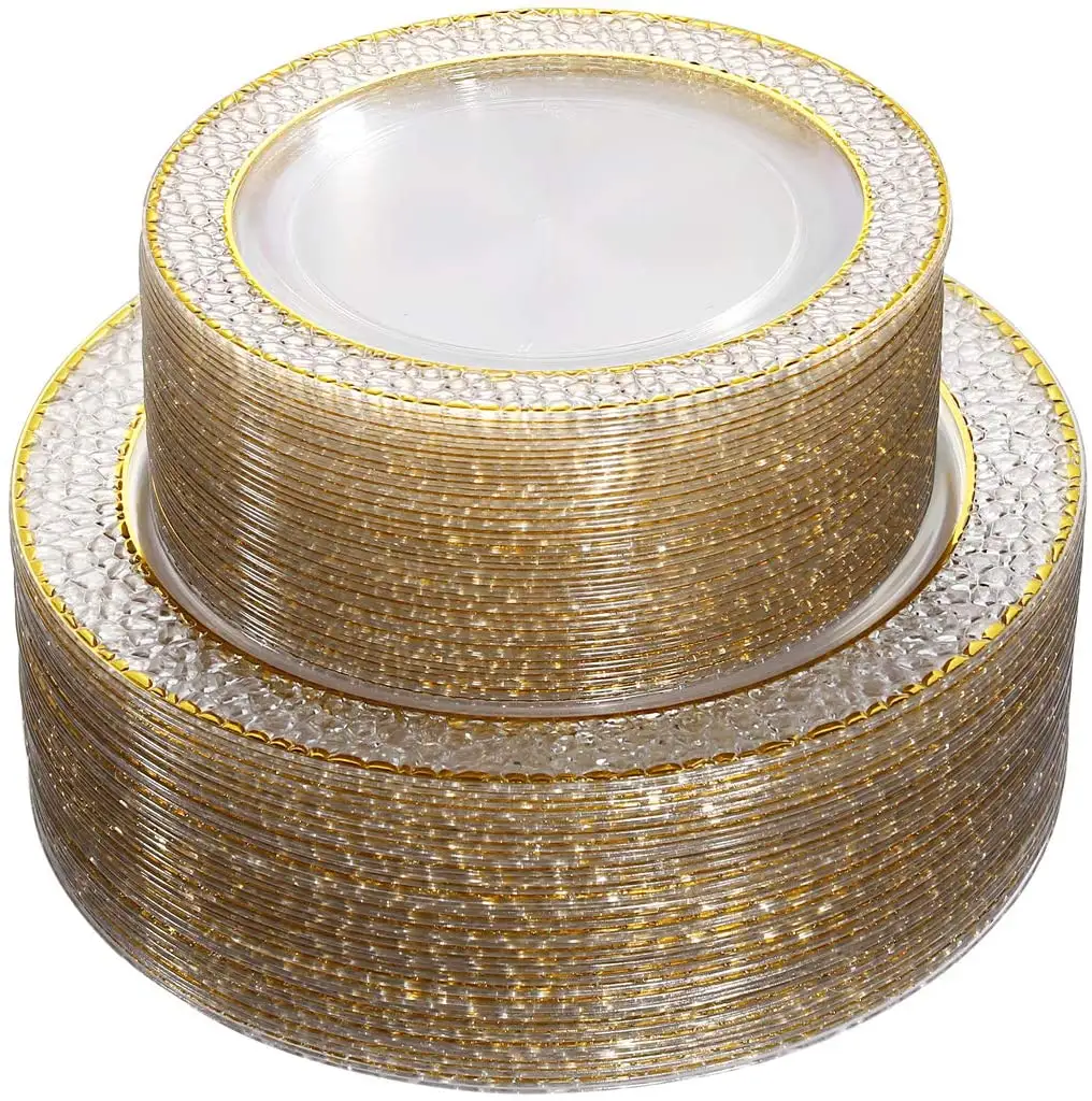 100PCS Gold Plastic Plates - Clear Crystal Design Disposable Wedding Plastic Plates