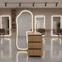 Station de coiffure en bois avec miroir LED et tiroirs, armoire miroir éclairée avec supports pour outils