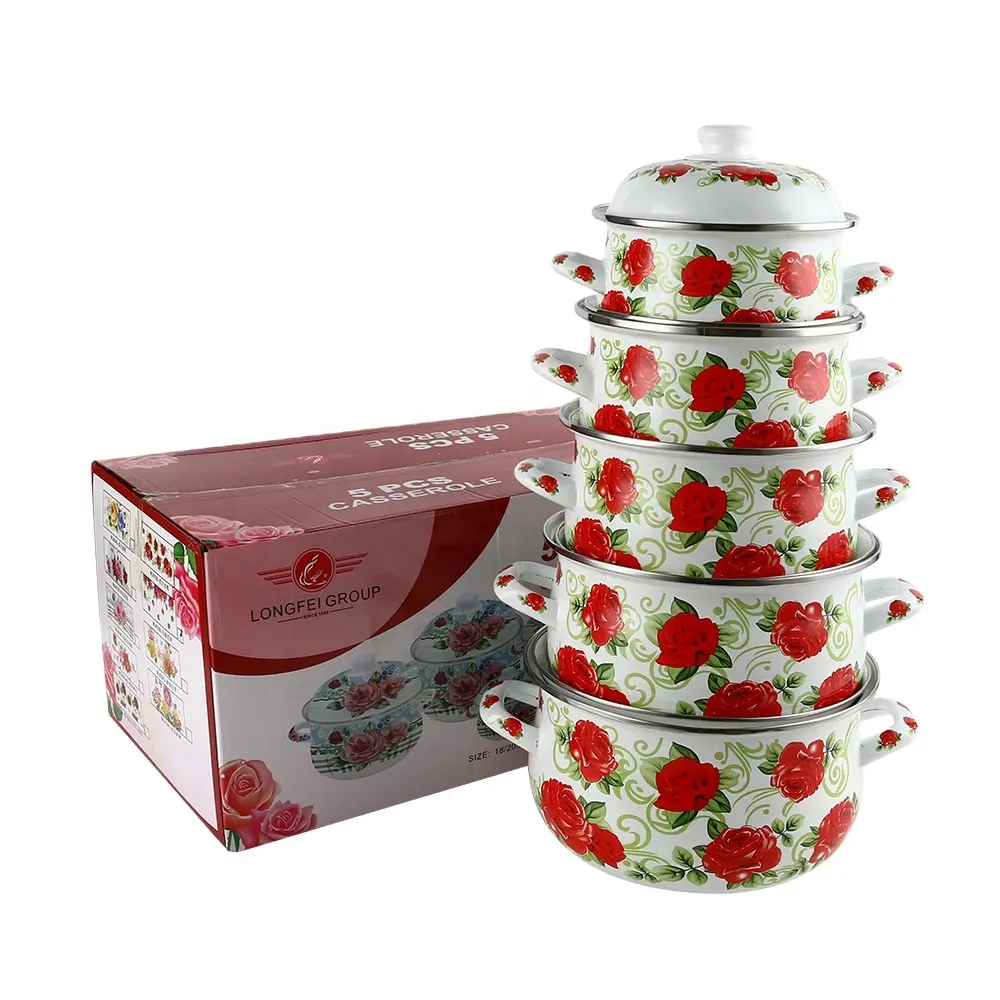 18-26 cm Style of Turkish red rose enamel casserole set cookware enamel pot