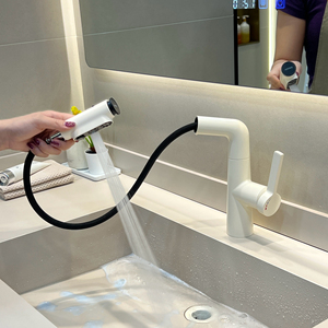 Robinet Mitigeur Chaud/Froid Extensible et Relevable Blanc Crème pour Lavabo de Salle de Bain, Style Commerce International Transfrontalier - Product Image 1